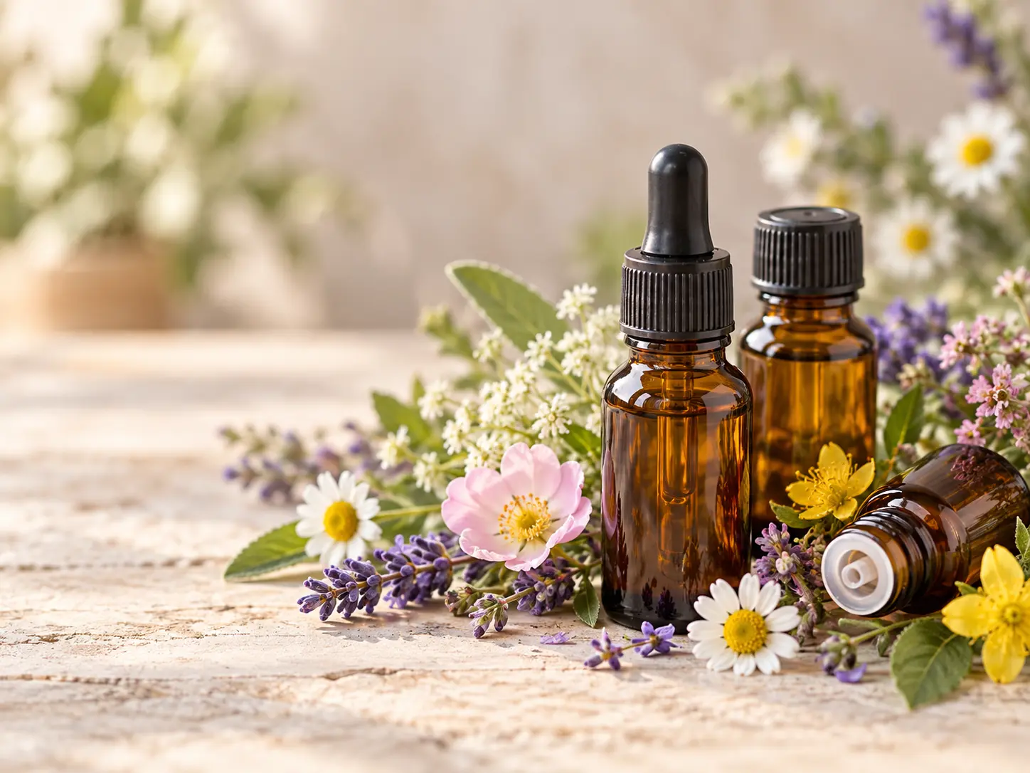 Amber Bach flower remedy bottles arranged with fresh wildflowers in warm morning light