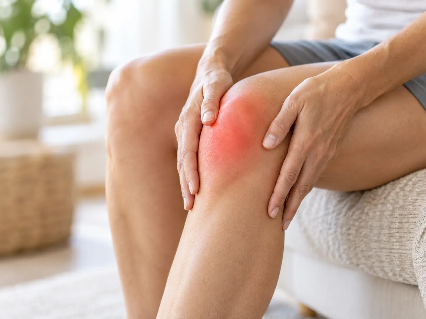 A real human knee with a localised red pain indication